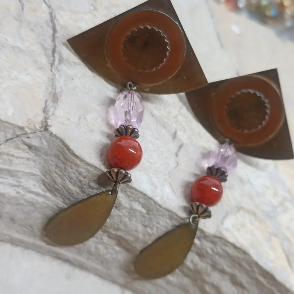 Vintage Copper Brass Carnelian agate dangle earrings clip on